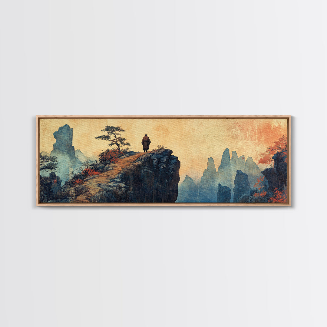 Solitary Monk On Cliff, Misty Asian Mountains Wall Art, Japanese Landscape Print, Zen Home Decor, Panoramic Canvas, Living Room Decor