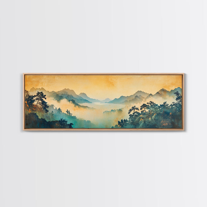 Misty Blue Mountain Valley Framed Canvas Print, Asian Landscape Wall Art, Zen Home Decor, Large Panoramic Nature Print, Office Decor