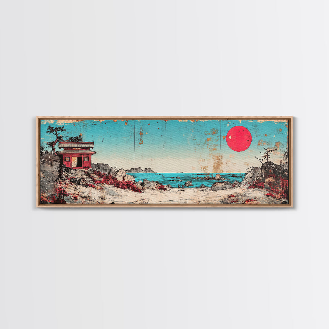 Seaside Shrine With Red Sun Wall Art, Japanese Coastal Print, Retro Pagoda Decor, Zen Ocean Landscape Canvas Gift For Home Decor