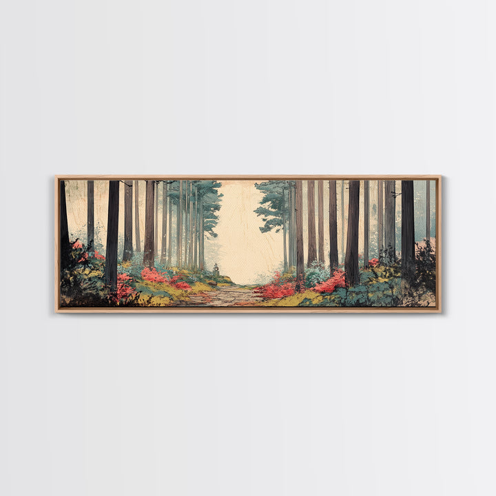 Misty Forest Path With Tall Pines Wall Art, Woodland Landscape Print, Japandi Nature Decor, Calming Office Canvas For Home
