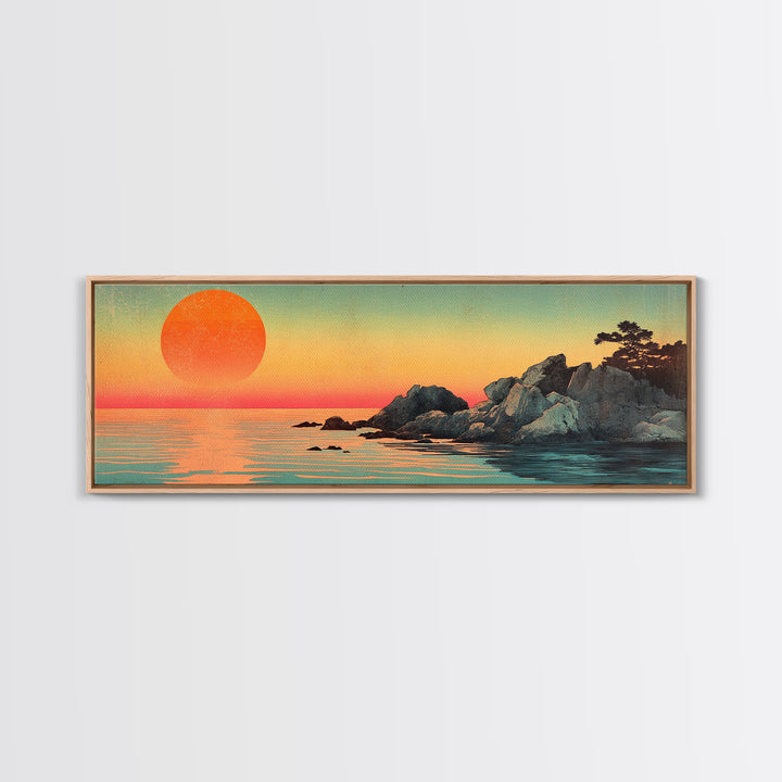 Orange Sunset Over Rocky Shore Wall Art, Japanese Coastal Seascape Print, Serene Ocean Decor, Large Horizontal Canvas Gift