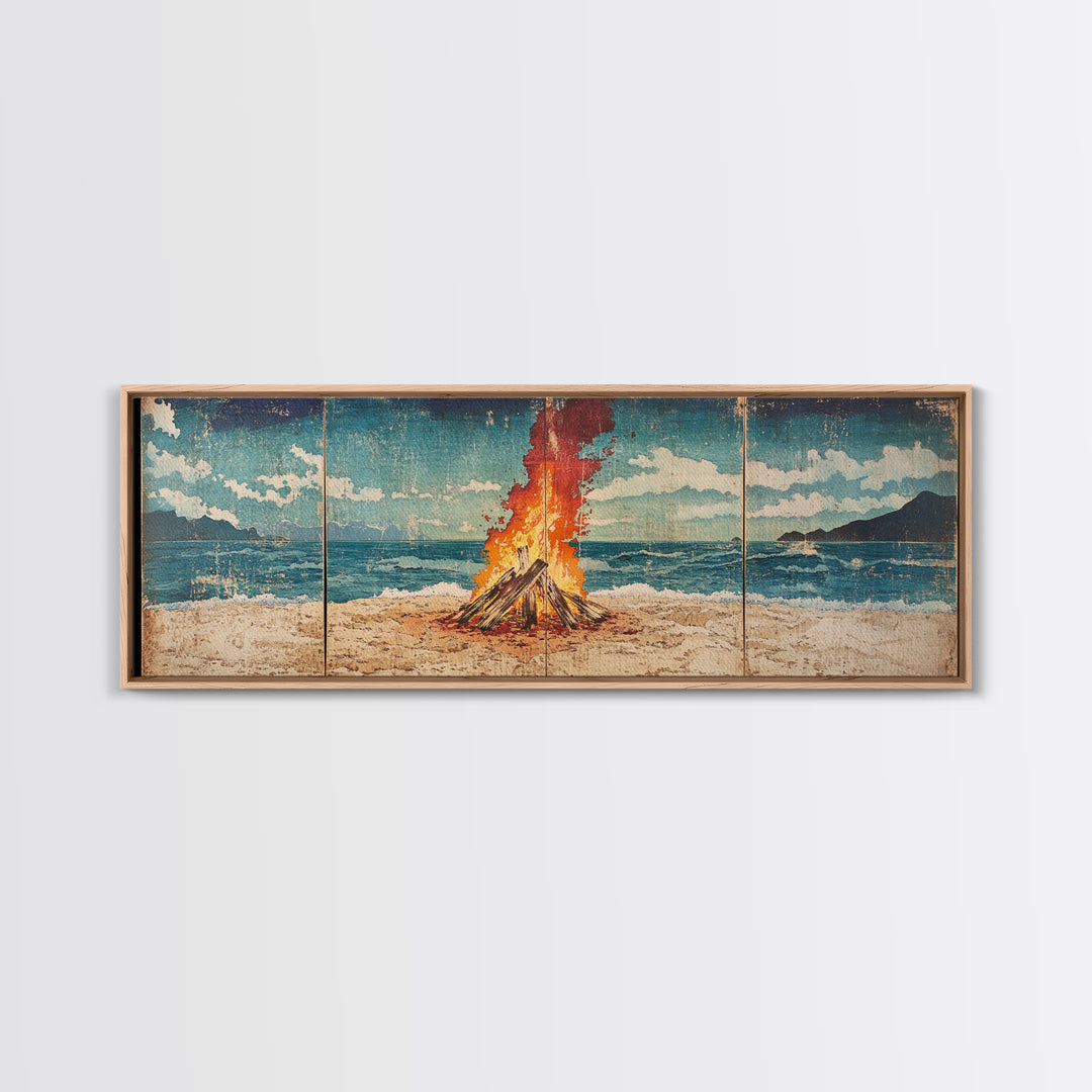 Beach Bonfire Beside Blue Ocean Wall Art, Coastal Triptych Print, Summer Seascape Decor, Large Framed Canvas Print Gift For Her