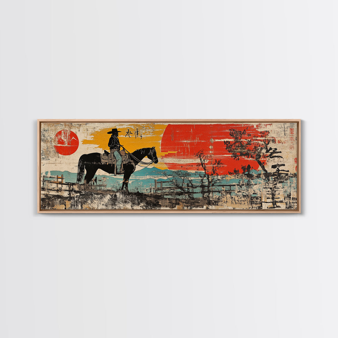 Cowboy On Horse By Red Barn Canvas Print, Rustic Western Landscape Wall Art, Farmhouse Country Decor, Ranch House Gift Idea