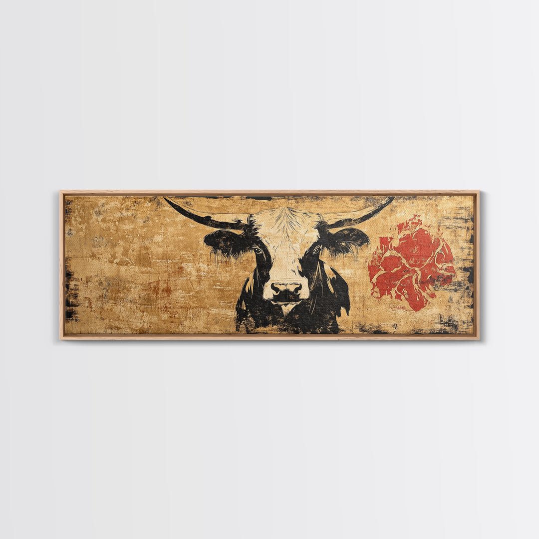 Black And White Longhorn Cow Wall Art, Rustic Western Canvas Print, Farmhouse Ranch Decor, Southwest Animal Poster Print