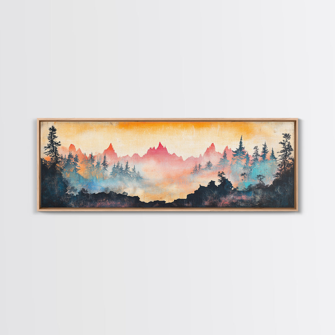 Misty Mountain Forest Sunrise Canvas Print, Panoramic Landscape Wall Art, Nature Inspired Living Room Home Decor, Cabin Decor