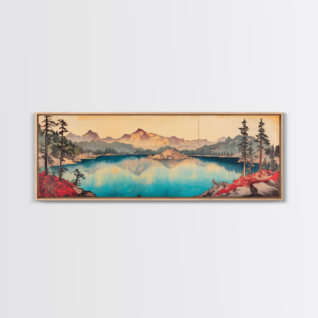 Turquoise Alpine Lake And Pine Mountain Wall Art, Panoramic Landscape Canvas Print, Rustic Cabin Living Room Home Decor Print