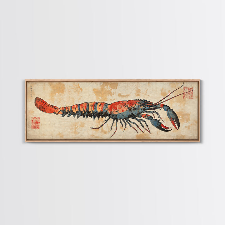 Red Lobster Illustration On Aged Parchment Wall Art, Nautical Seafood Canvas Print, Coastal Kitchen Dining Room Decor Foodie Gift