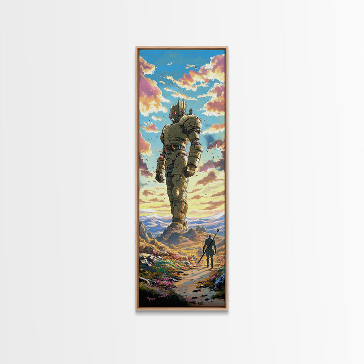 Colossal Stone Golem In Sunset Valley Wall Art, Fantasy Landscape Canvas Print, Epic Sci Fi Decor For Gamer Room And Living Room