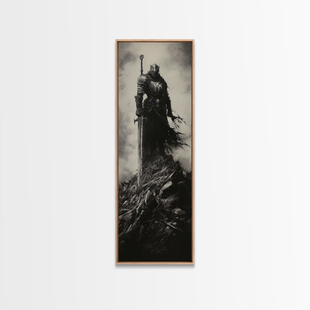 Dark Armored Knight With Sword Black And White Wall Art, Gothic Fantasy Canvas Print, Dark Academia Decor, Gift For Him Or Office Decor