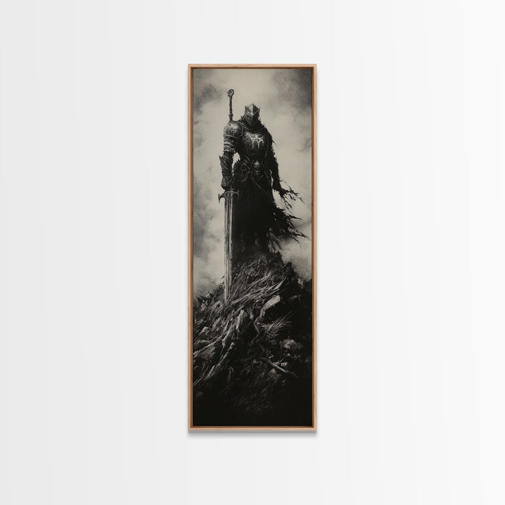 Dark Armored Knight With Sword Black And White Wall Art, Gothic Fantasy Canvas Print, Dark Academia Decor, Gift For Him Or Office Decor