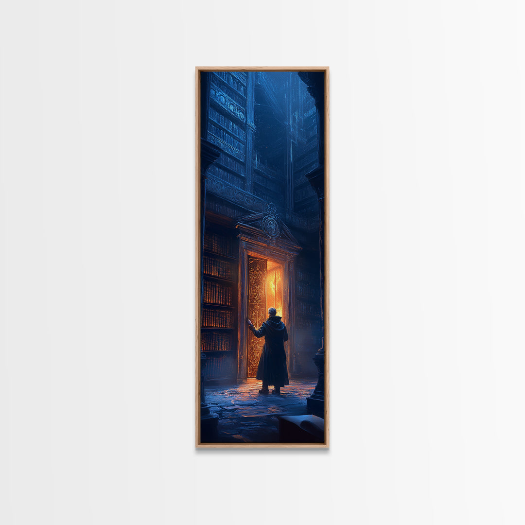 Glowing Portal Door In Dark Gothic Library Wall Art, Fantasy Bookstore Canvas Print, Dark Academia Decor For Reading Nook