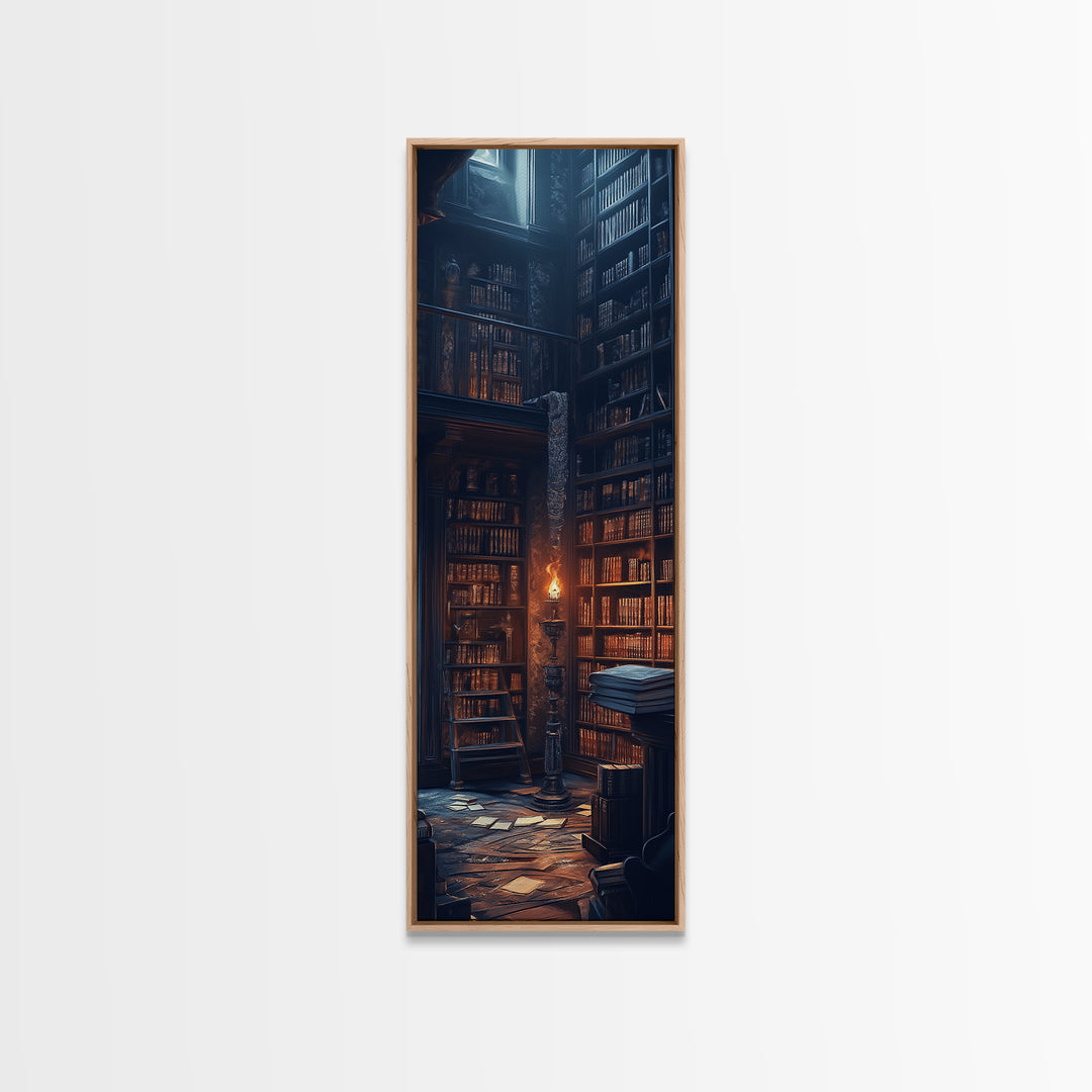 Moody Old Library With Tall Shelves And Candlelight Wall Art, Dark Academia Canvas Print, Gothic Home Library Wall Decor