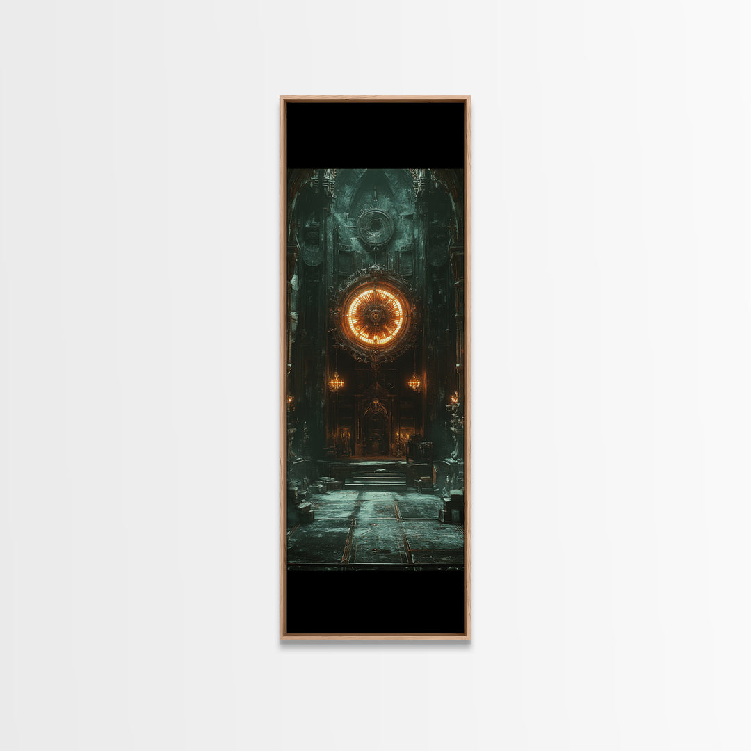Glowing Astral Clock Door In Gothic Hall Wall Art, Dark Fantasy Canvas Print, Steampunk Decor, Moody Entryway Art For Office
