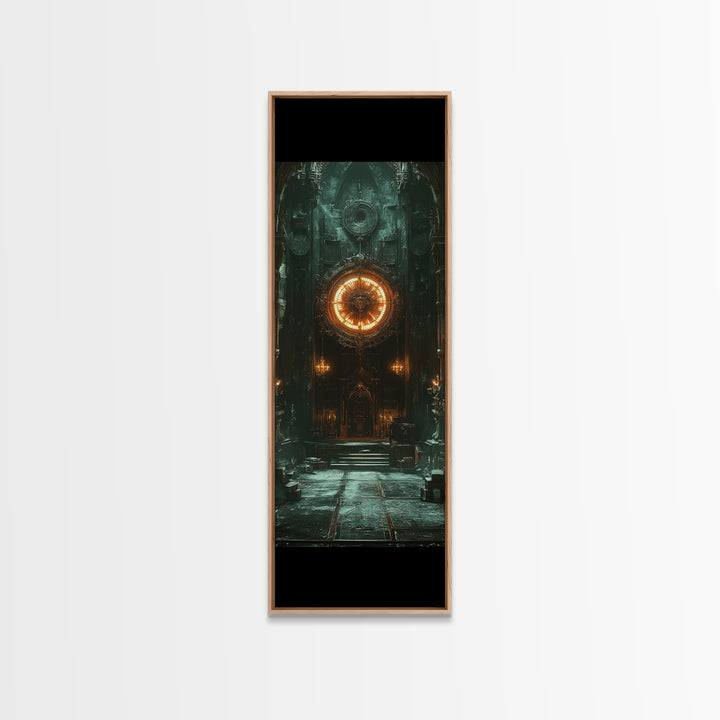 Glowing Astral Clock Door In Gothic Hall Wall Art, Dark Fantasy Canvas Print, Steampunk Decor, Moody Entryway Art For Office