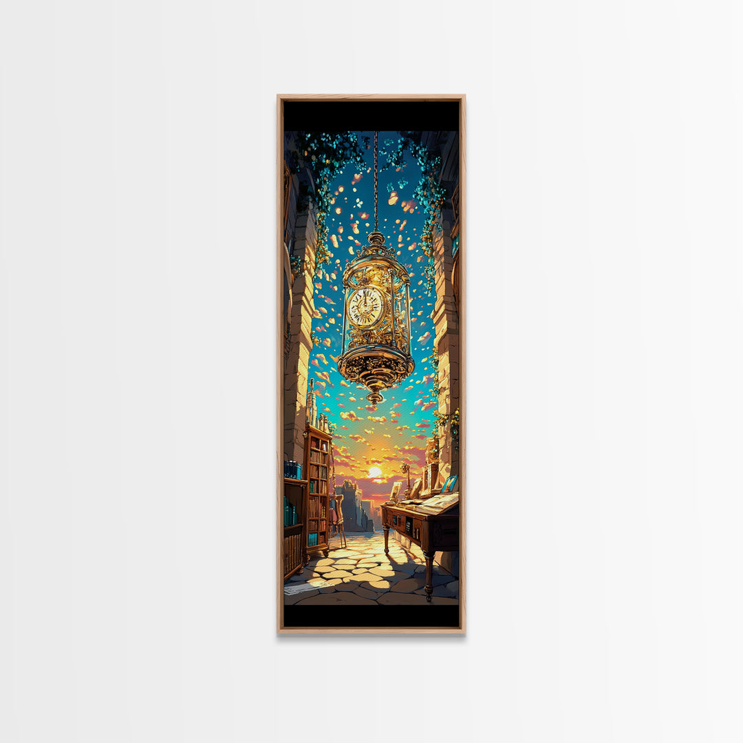 Floating Golden Clock Over Sunset Alley Wall Art, Whimsical Fantasy Canvas Print, Bookshop Travel Decor, Unique Gift For Her