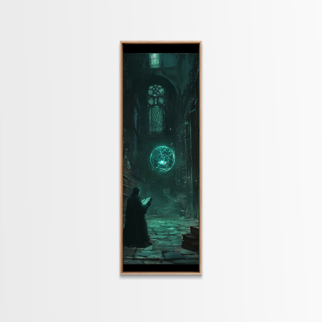 Dark Gothic Library With Teal Magic Orb Wall Art, Fantasy Castle Decor, Dark Academia Print, Moody Reading Nook Artwork Gift