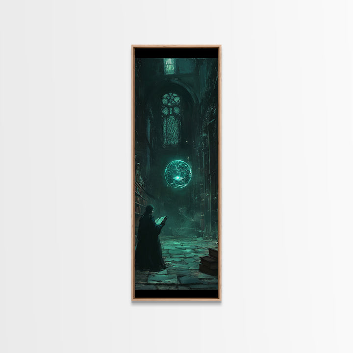 Dark Gothic Library With Teal Magic Orb Wall Art, Fantasy Castle Decor, Dark Academia Print, Moody Reading Nook Artwork Gift