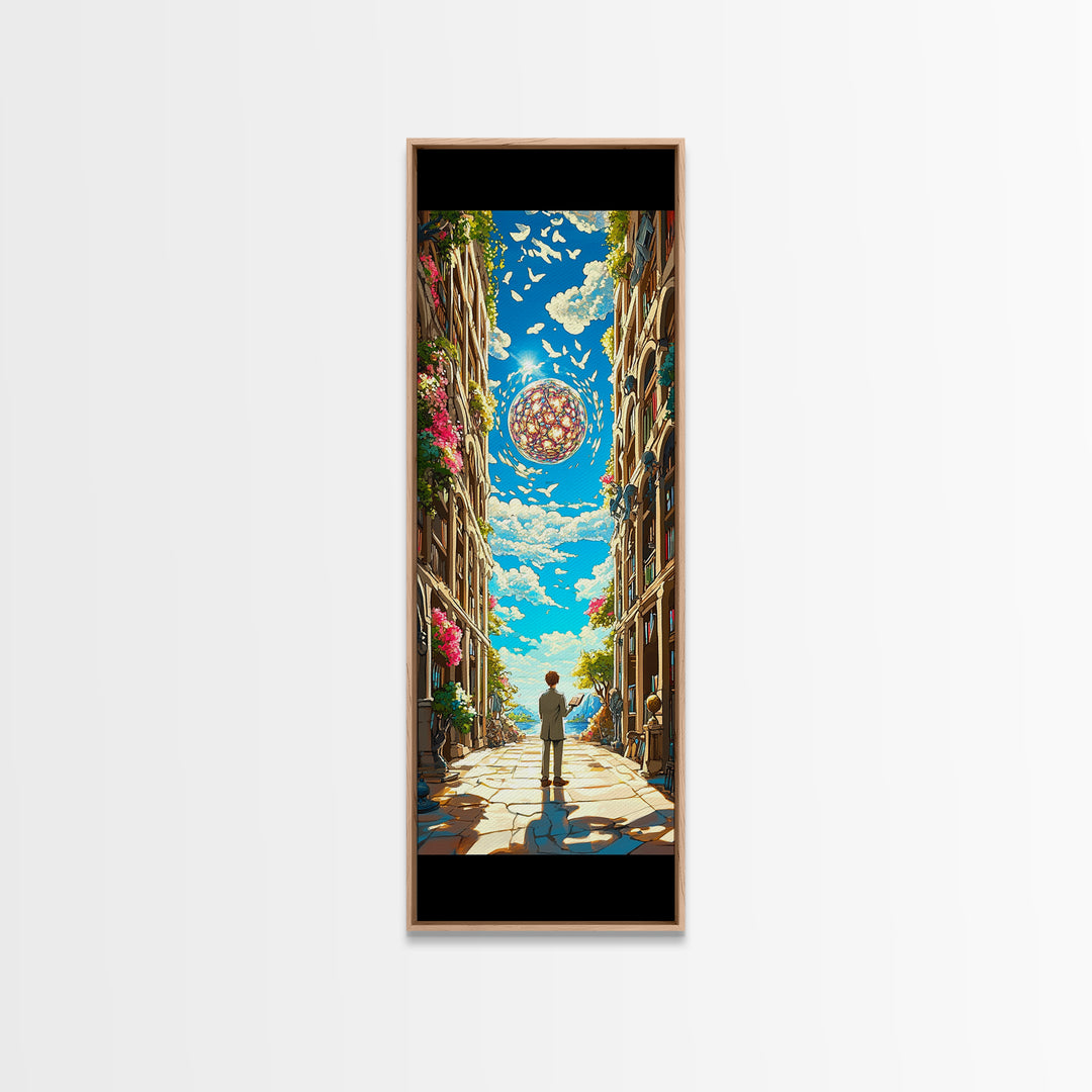 Sunlit European Alley With Birds And Glass Orb Canvas Print, Coastal Wall Art, Fantasy Travel Poster, Bright Home Decor Gift