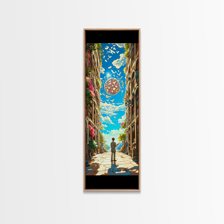 Sunlit European Alley With Birds And Glass Orb Canvas Print, Coastal Wall Art, Fantasy Travel Poster, Bright Home Decor Gift