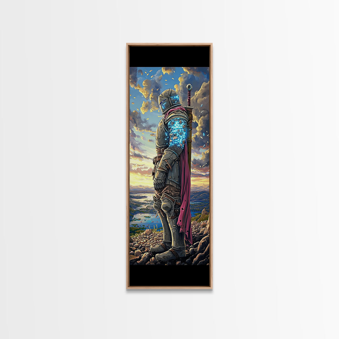 Glowing Blue Crystal Knight At Sunset Framed Canvas Print, Fantasy Wall Art, Medieval Warrior Decor, Gamer Room Gift For Him