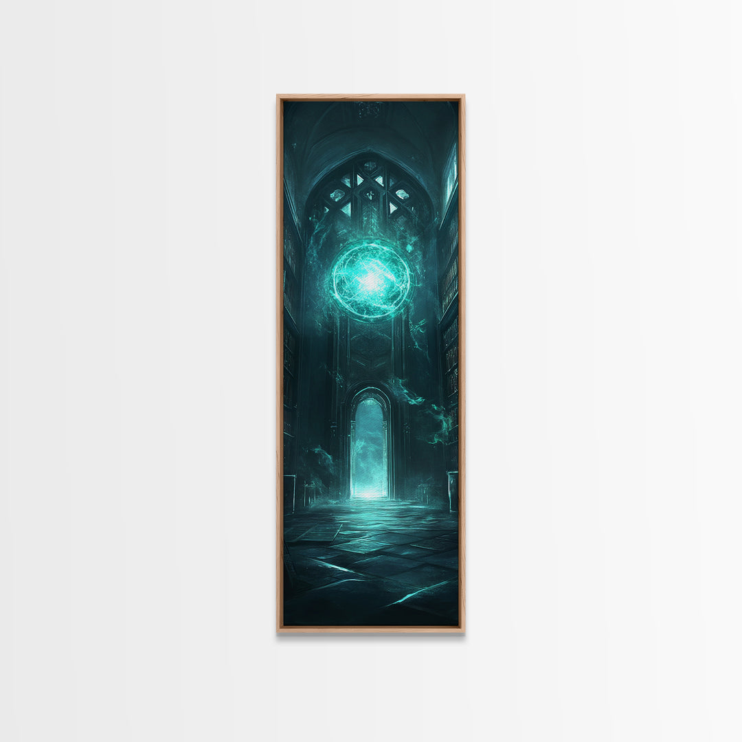 Teal Magic Orb In Gothic Cathedral Wall Art, Dark Fantasy Canvas Print, Dark Academia Decor, Mystical Library Artwork Gift