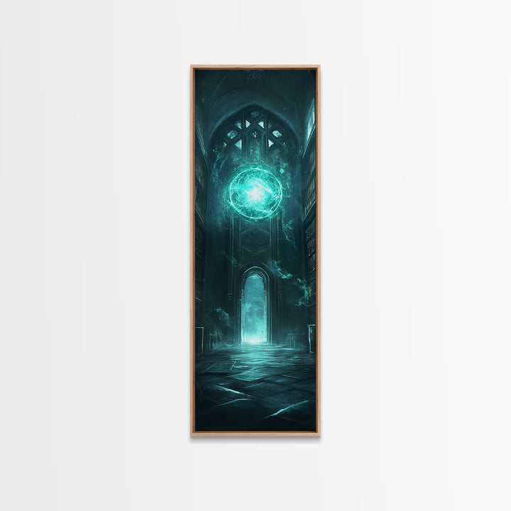 Teal Magic Orb In Gothic Cathedral Wall Art, Dark Fantasy Canvas Print, Dark Academia Decor, Mystical Library Artwork Gift