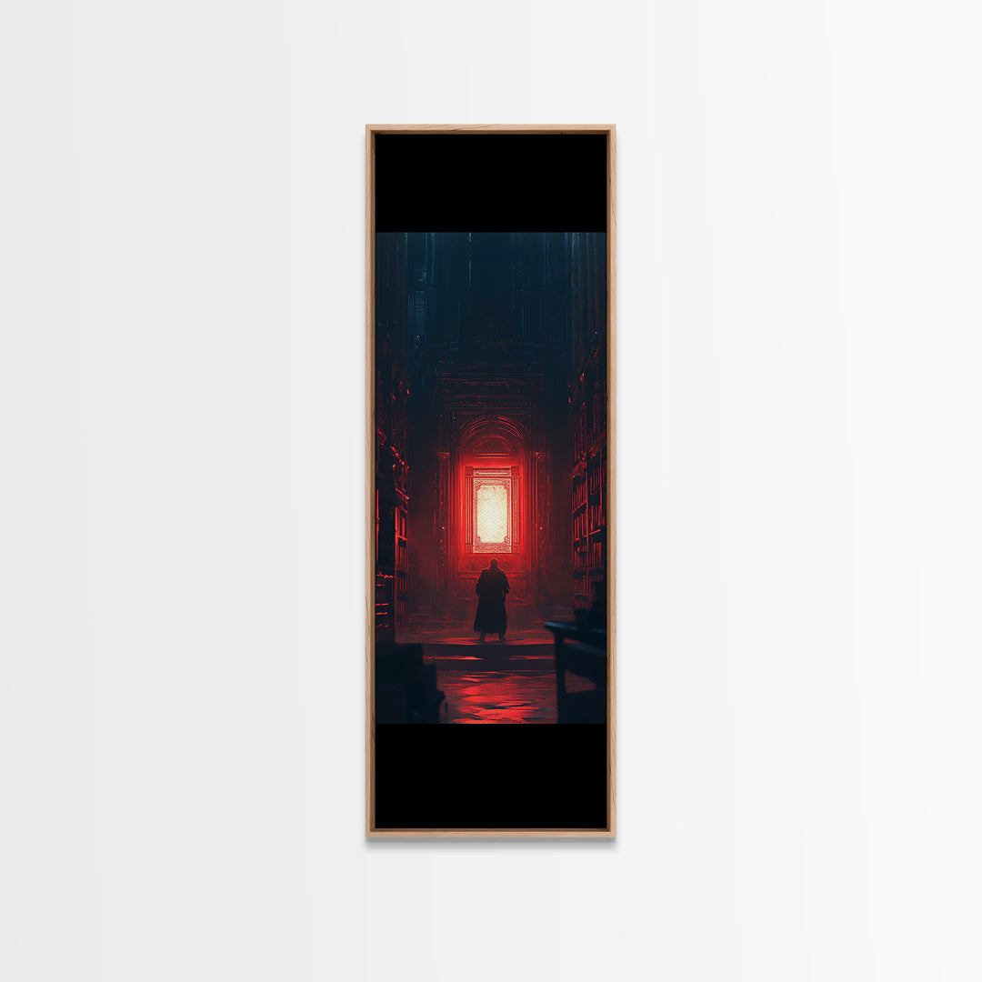 Red Glowing Door In Dark Library Wall Art, Gothic Framed Canvas Print, Dark Academia Decor, Moody Fantasy Artwork Gift For Him