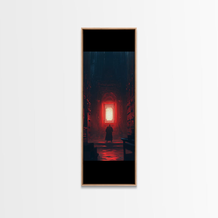 Red Glowing Door In Dark Library Wall Art, Gothic Framed Canvas Print, Dark Academia Decor, Moody Fantasy Artwork Gift For Him