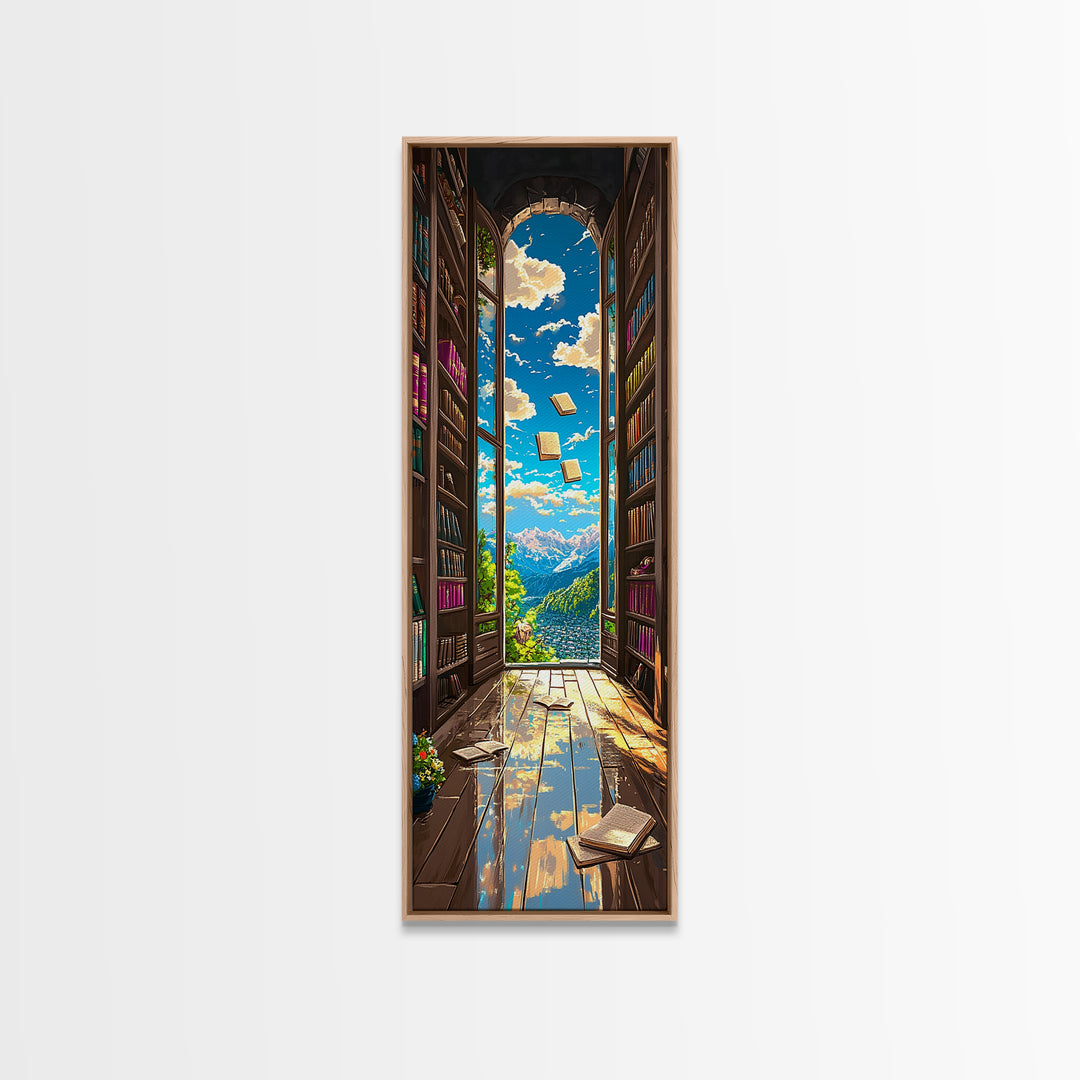 Magical Library Doorway With Floating Books Wall Art, Mountain View Canvas Print, Book Lover Decor, Reading Nook Home Office Gift