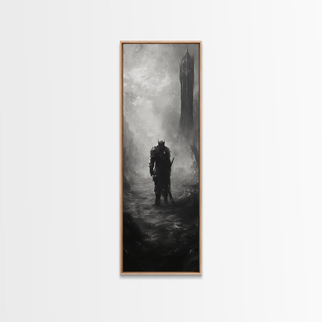 Lone Warrior Before Dark Tower Wall Art, Black And White Fantasy Print, Gothic Dark Art For Game Room Decor, Moody Statement Artwork
