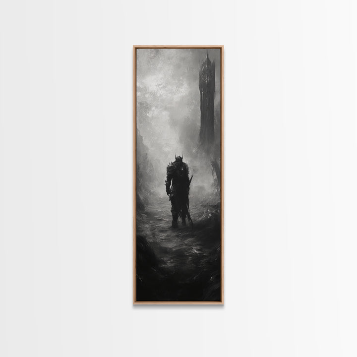 Lone Warrior Before Dark Tower Wall Art, Black And White Fantasy Print, Gothic Dark Art For Game Room Decor, Moody Statement Artwork