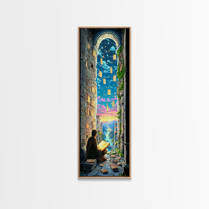 Scholar Reading Under Stone Arch Canvas Print, Floating Pages Fantasy Wall Decor, Magical Library Art For Book Lovers Gift