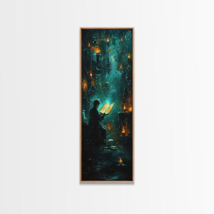 Glowing Book In Enchanted Forest Wall Art, Dark Fantasy Reading Nook Decor, Mystical Teal Library Print For Book Lovers Gift