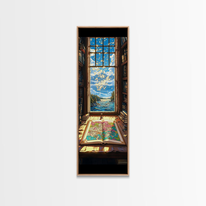 Open Map By Ocean Library Window Canvas Print, Bookish Coastal Wall Decor, Sunlit Travel Art For Reading Nook And Study Decor