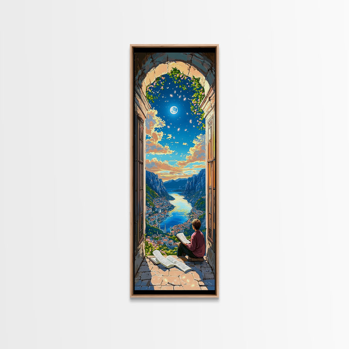 Reader In Arched Window Over Moonlit Valley Framed Canvas Print, Bookish Wall Art, Cozy Library Decor, Fantasy Art Print Gift