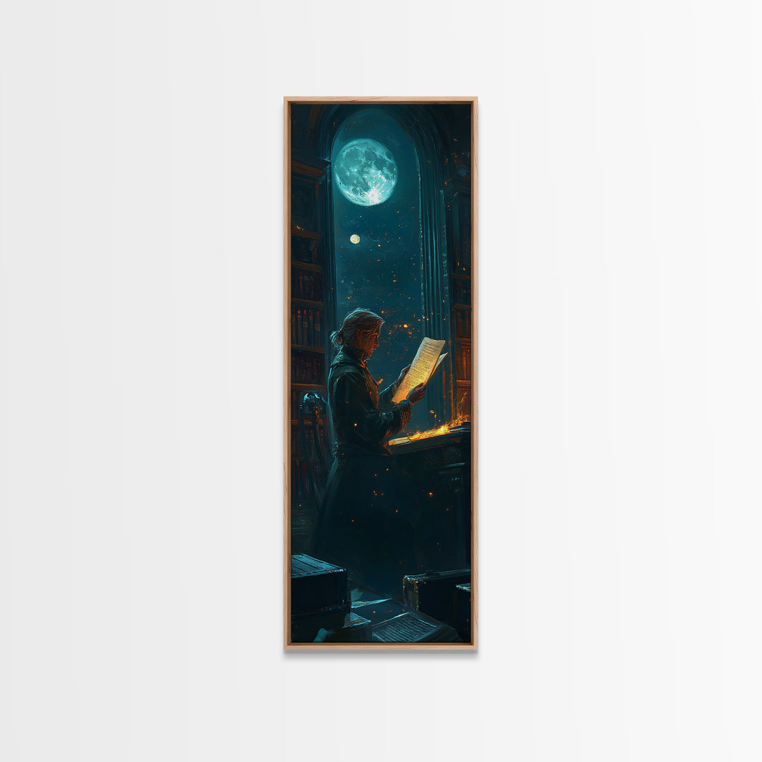 Moonlit Scholar Reading Ancient Scroll Canvas Print, Dark Academia Wall Art, Magical Library Decor, Book Lover Gift For Readers