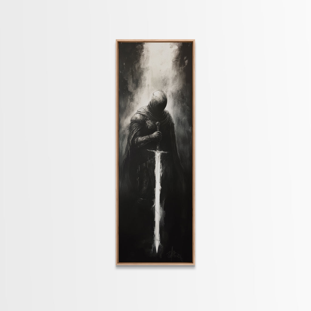 Hooded Knight With Glowing Sword Wall Art, Black And White Fantasy Print, Gothic Dark Academia Decor, Medieval Sword Art