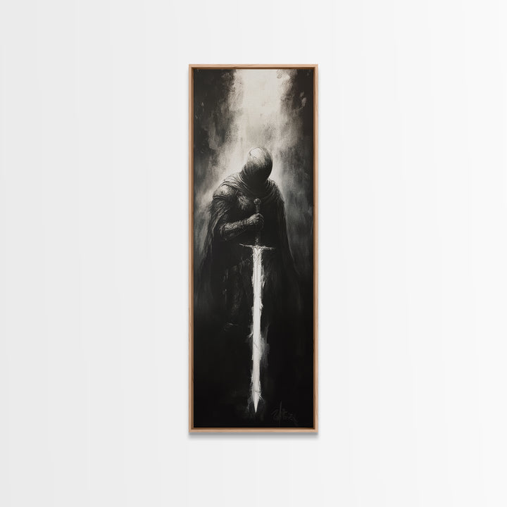 Hooded Knight With Glowing Sword Wall Art, Black And White Fantasy Print, Gothic Dark Academia Decor, Medieval Sword Art