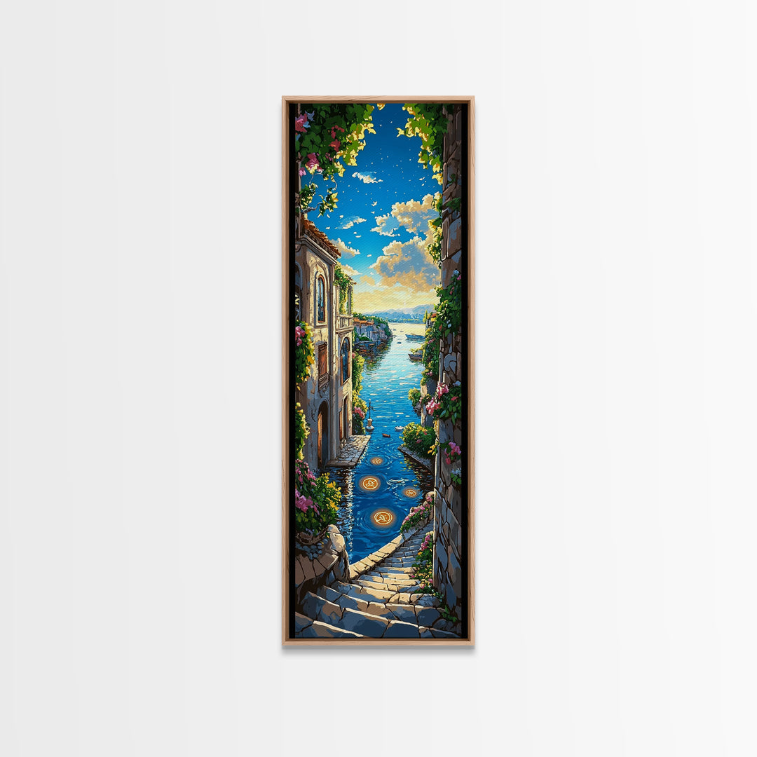 Sunlit Mediterranean Seaside Stairway Wall Art, Coastal Village Canvas Print, Italian Decor, Travel Poster, Beach House Gift