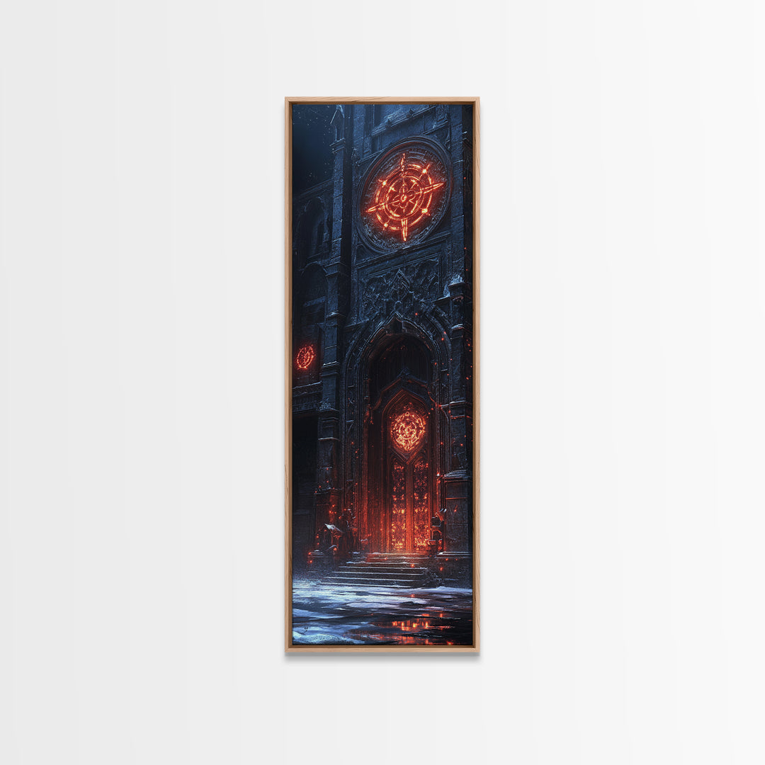Glowing Gothic Cathedral Door Framed Canvas Print, Dark Fantasy Wall Art, Magical Architecture Decor, Occult Castle Poster