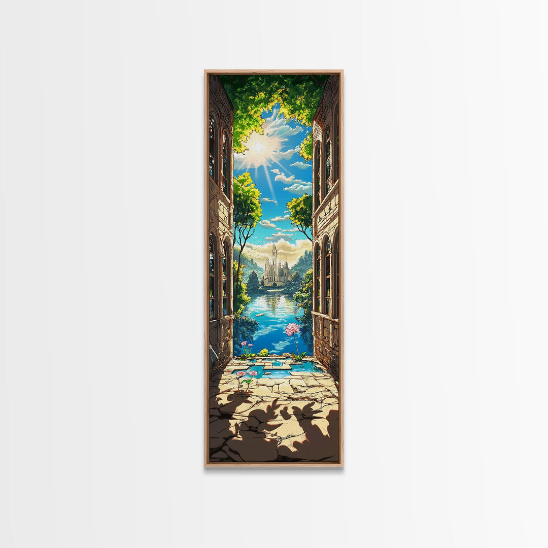 Sunlit Ruins Archway To Castle Lake Canvas Print, Fantasy Landscape Wall Art, Magical Nature Decor, Serene Travel Poster