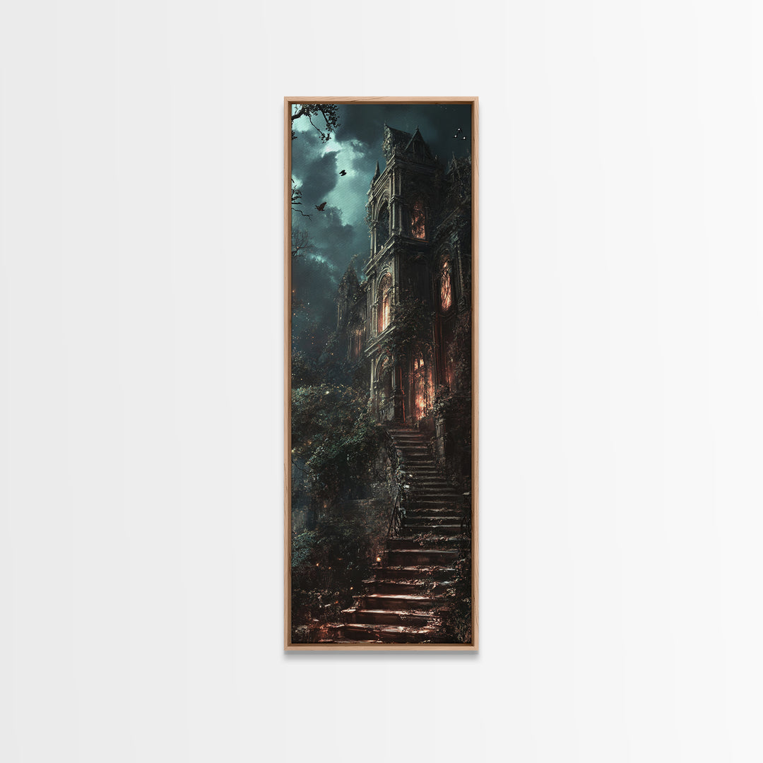 Haunted Gothic Mansion In Moonlit Forest Wall Art, Dark Academia Canvas Print, Spooky Castle Decor, Victorian Horror Gift