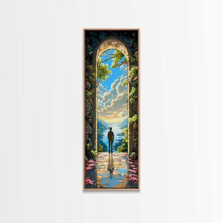 Solitary Figure In Sunlit Ocean Archway Framed Canvas Print, Coastal Fantasy Wall Art, Serene Landscape Decor Gift For Home