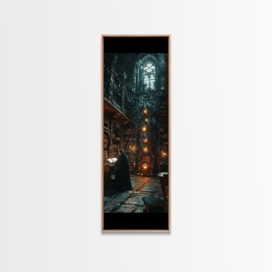 Dark Academia Magical Library Framed Canvas Print, Gothic Bookish Wall Decor, Wizard Study Artwork For Moody Reading Room
