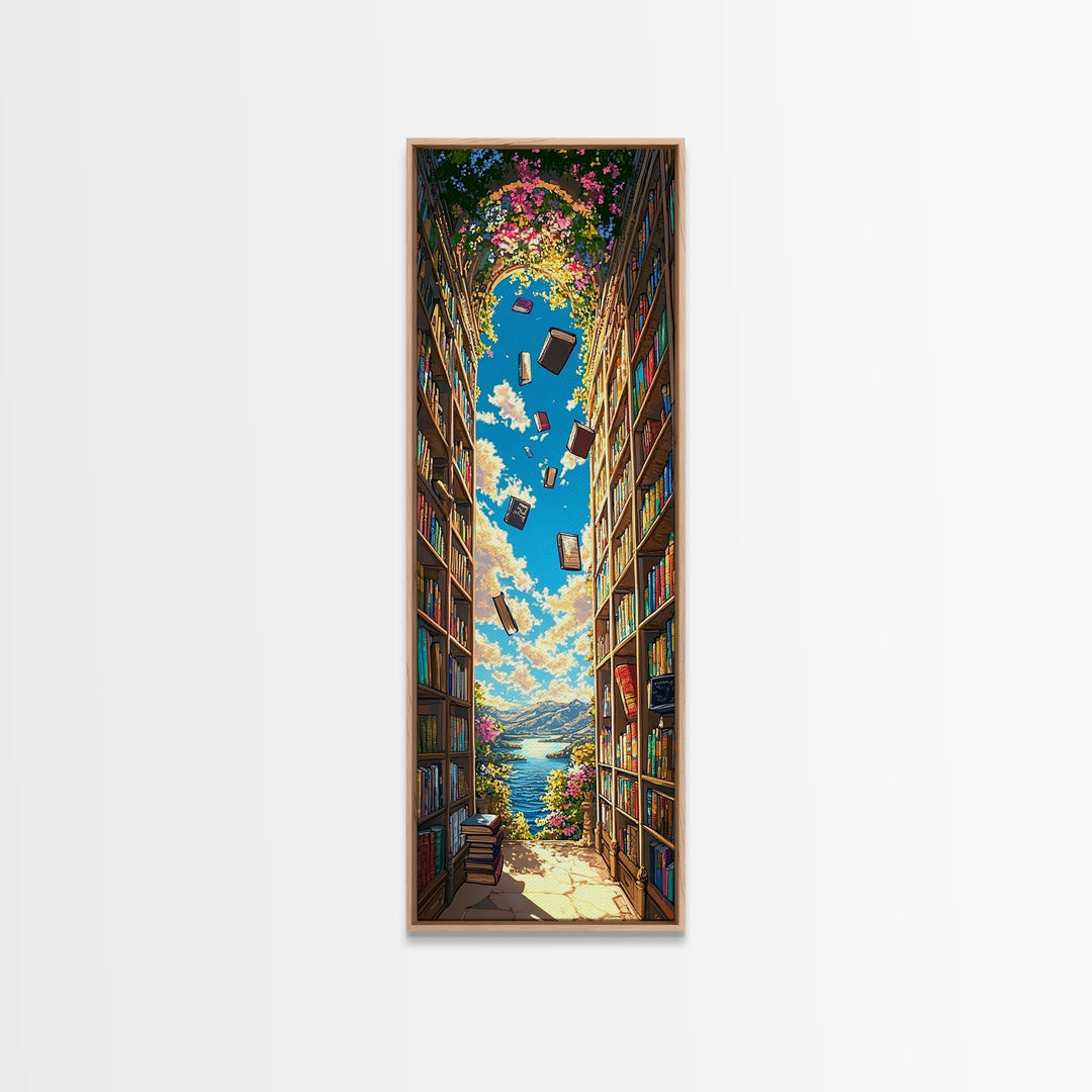 Blooming Library Arch With Floating Books Wall Art, Whimsical Book Lover Decor, Coastal Reading Nook Print, Colorful Art