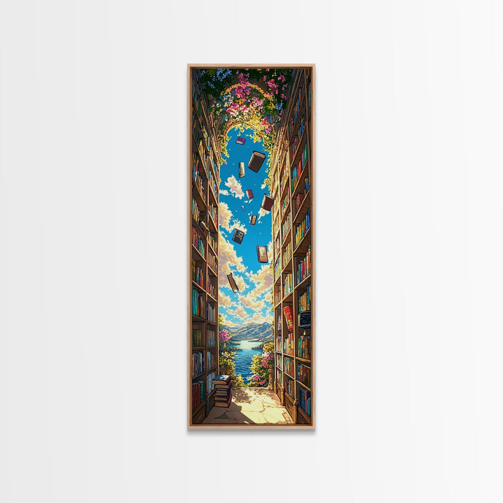 Blooming Library Arch With Floating Books Wall Art, Whimsical Book Lover Decor, Coastal Reading Nook Print, Colorful Art