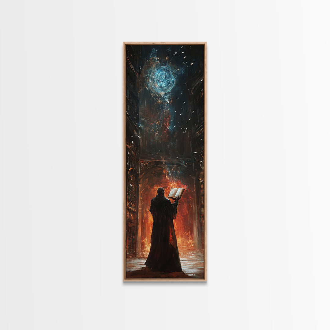 Wizard Reading Spellbook Under Celestial Orb Canvas Print, Dark Academia Fantasy Wall Art, Gothic Library Decor For Book Lovers