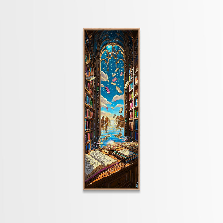 Sunlit Gothic Library Window Over Ocean Canvas Print, Bookish Wall Decor, Coastal Fantasy Art, Reading Nook Home Decor Gift