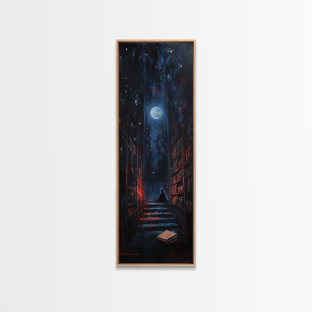 Moonlit Dark Library Stairs With Lone Reader Wall Art, Gothic Bookish Decor, Dark Academia Print, Moody Office Gift Decor