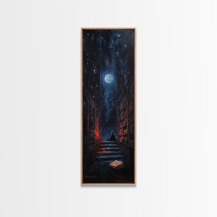 Moonlit Dark Library Stairs With Lone Reader Wall Art, Gothic Bookish Decor, Dark Academia Print, Moody Office Gift Decor